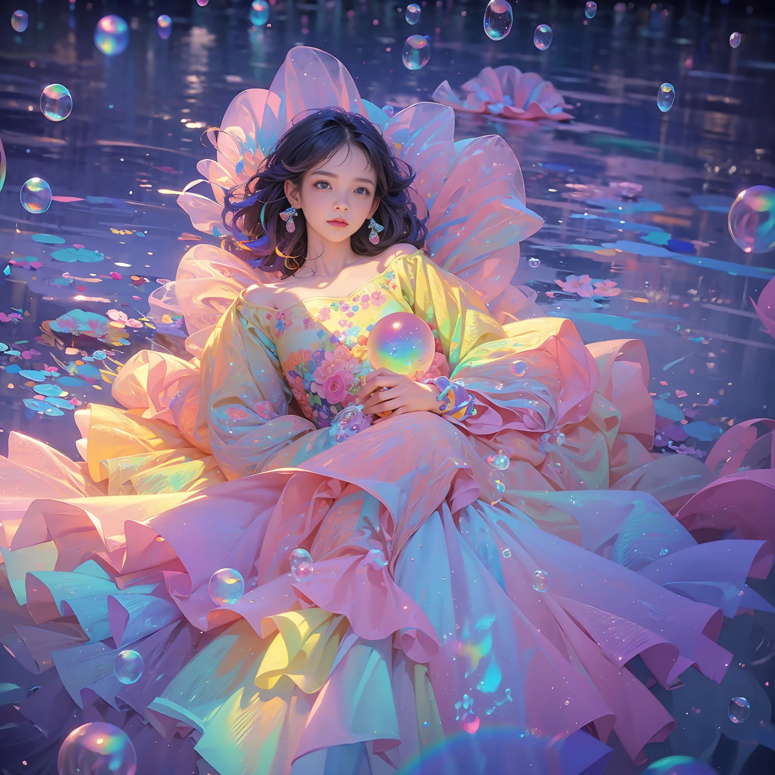 masterpiece, Highest quality, Intricate details, Excellent anatomy、beautiful girl, Sparkling eyes, Otherworldly liquid fantasy background, watercolor, Bright and vibrant colors, Whimsical, colorful, Layered tiered puffy long sleeve ball gown, ((Rainbow bubbles))