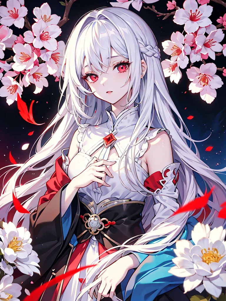 Create a vibrant anime-style illustration featuring a girl with white hair, red eyes, and colorful flowers. The artwork should capture the girl's flowing white hair and striking red eyes in mesmerizing detail, and be bursting with color. Incorporate colorful flowers into the artwork to complement the girl's beauty and add depth to the piece. The finished illustration should be an artistic masterpiece that transports the viewer to a magical world filled with wonder and imagination.