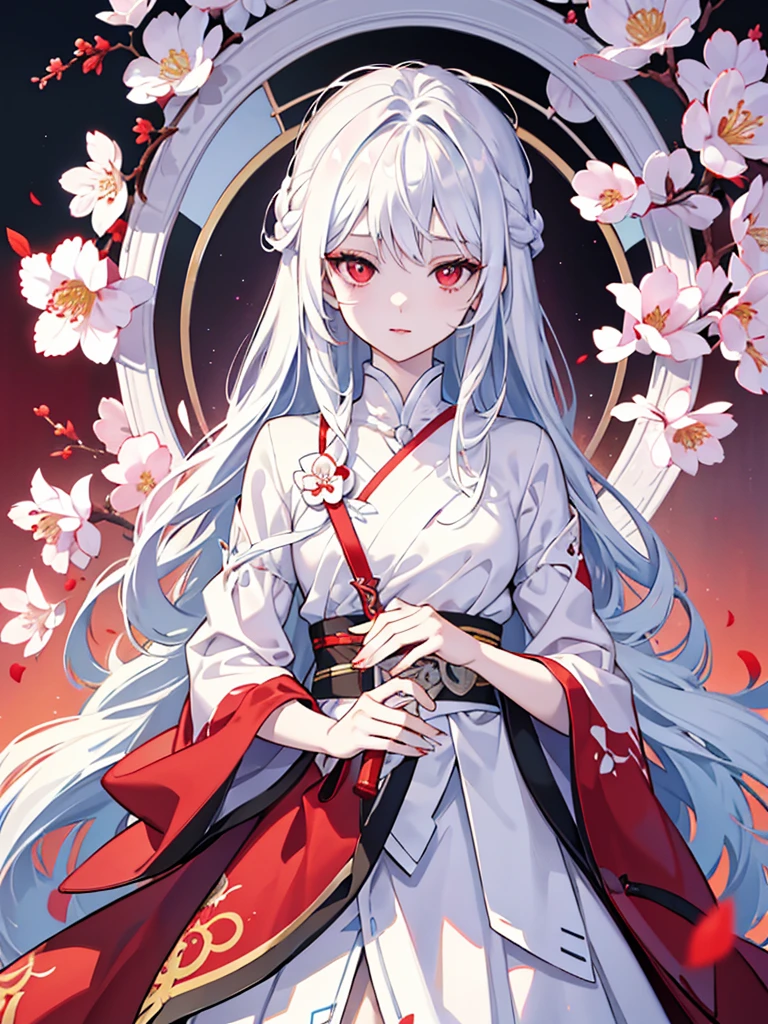 Create a vibrant anime-style illustration featuring a girl with white hair, red eyes, and colorful flowers. The artwork should capture the girl's flowing white hair and striking red eyes in mesmerizing detail, and be bursting with color. Incorporate colorful flowers into the artwork to complement the girl's beauty and add depth to the piece. The finished illustration should be an artistic masterpiece that transports the viewer to a magical world filled with wonder and imagination.