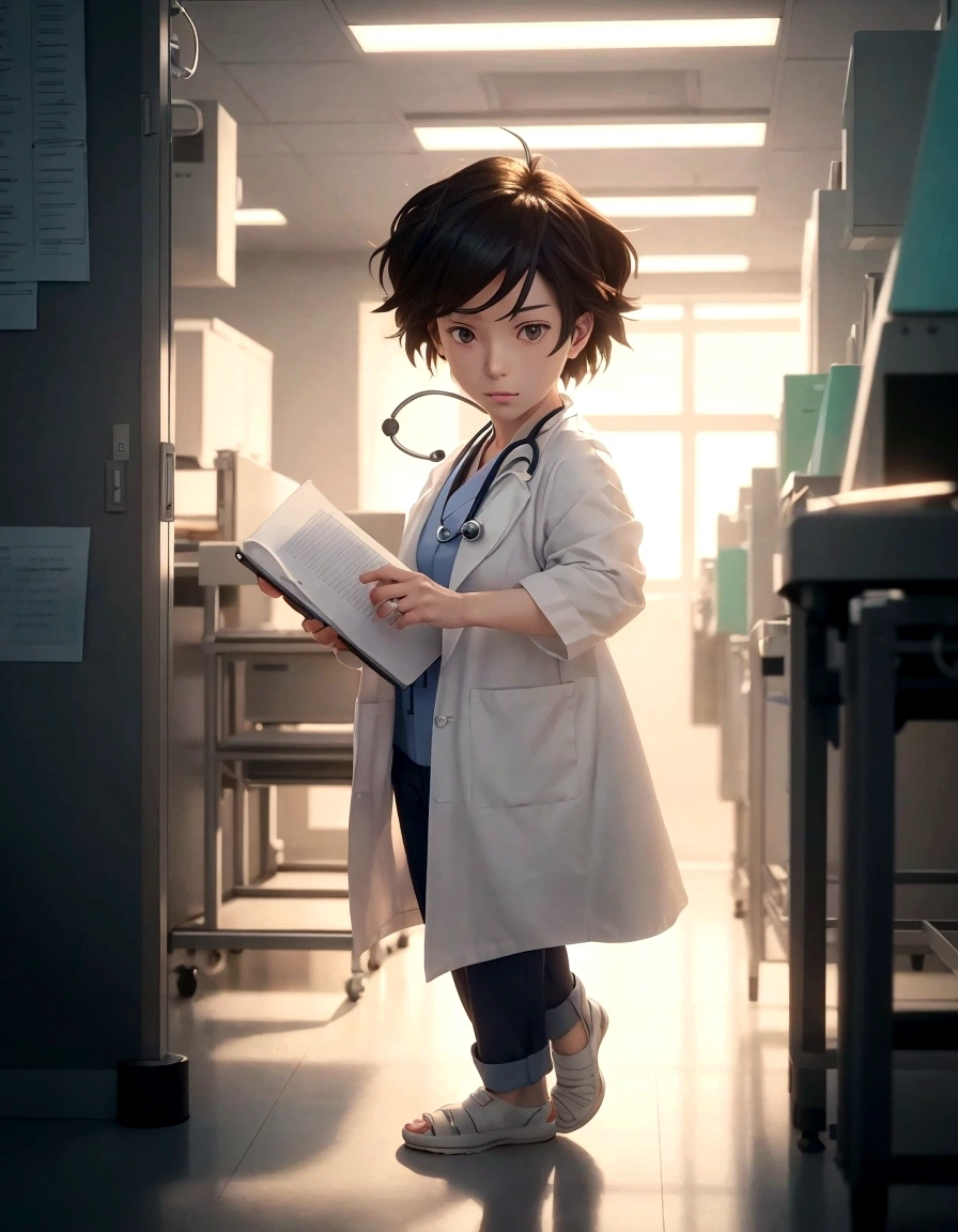 anime character in a lab coat holding a clipboard in a hallway, doctor, with a lab coat, makoto shinkai. digital render, (doctor), makoto shinkai. —h 2160, artwork in the style of guweiz, today's featured anime still, ( ( makoto shinkai ) ), with a stethoscope