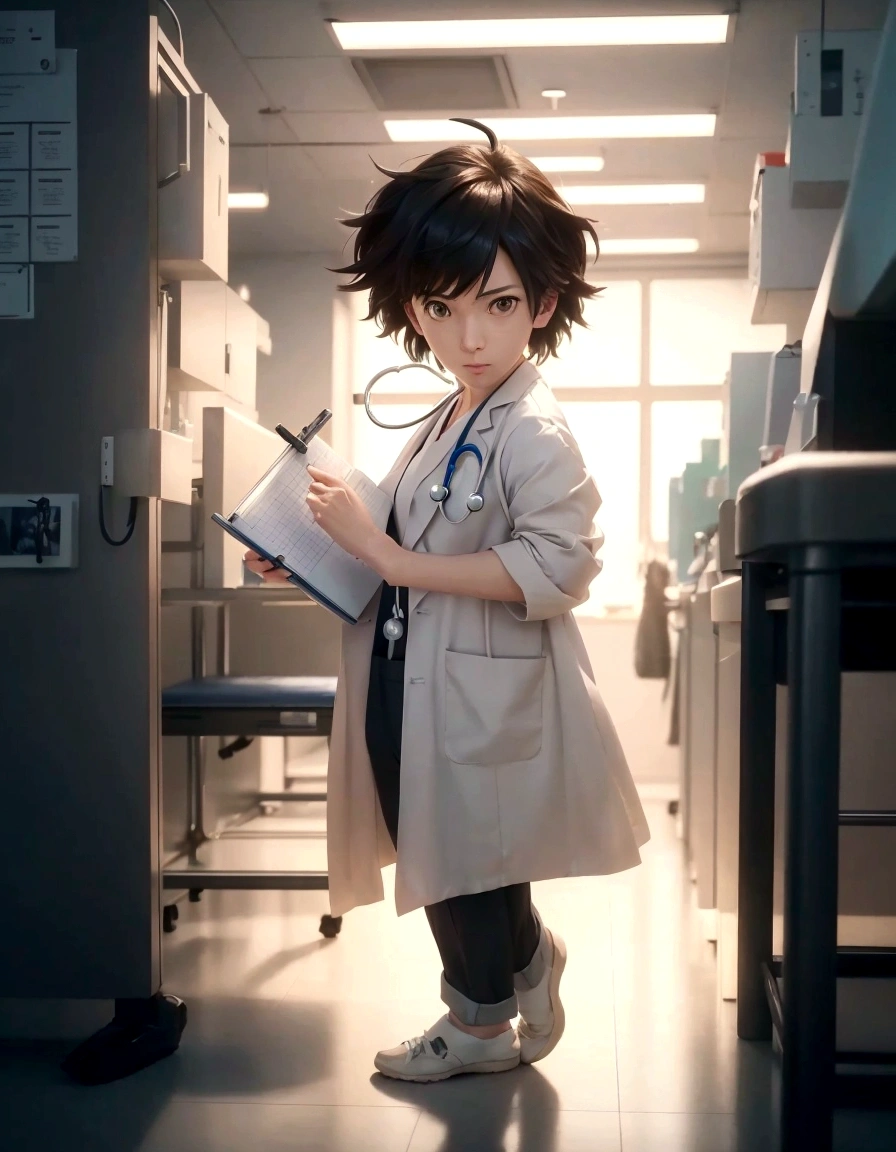 anime character in a lab coat holding a clipboard in a hallway, doctor, with a lab coat, makoto shinkai. digital render, (doctor), makoto shinkai. —h 2160, artwork in the style of guweiz, today's featured anime still, ( ( makoto shinkai ) ), with a stethoscope