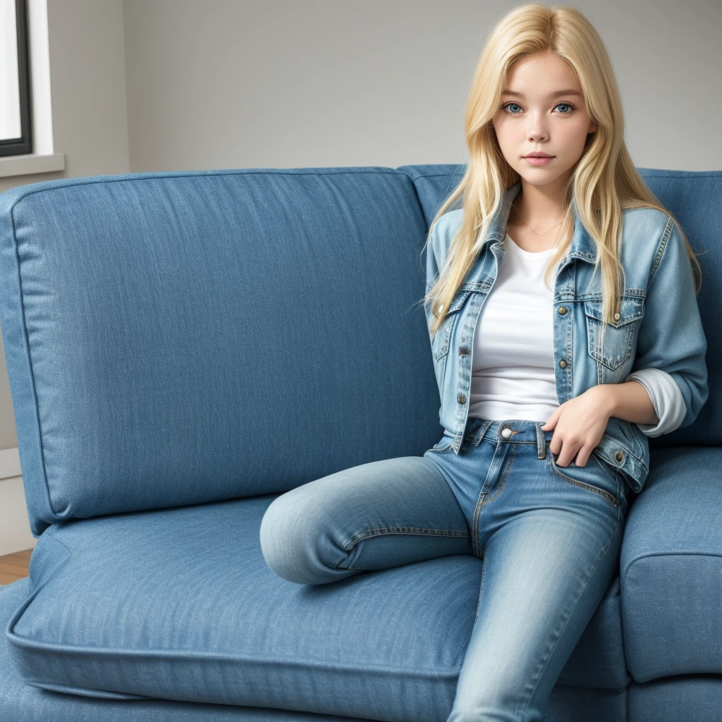 1womanl, blonde, Linda, fully body, sitting not sofa, denim clothing