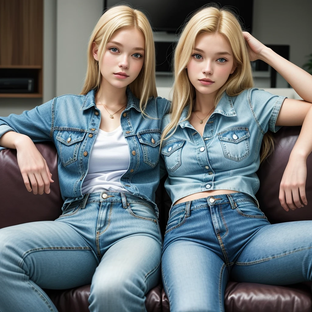 1womanl, blonde, Linda, fully body, sitting not sofa, denim clothing