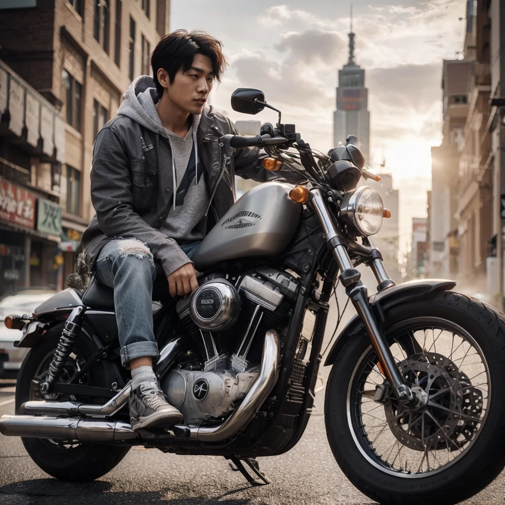 showing a 29 year old Korean man, wearing a gray hoodie (plain), jeans and shoes, riding a 4 cylinder Harley motorbike that is stopped, (realistic cinematic photography UHD 8k).