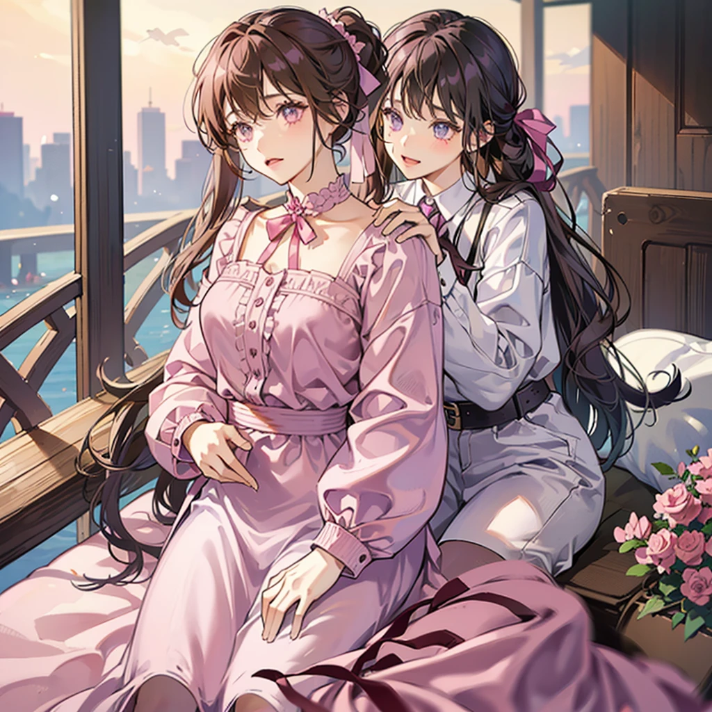 A Girl with long brown hair tied at the back with pink and purple ribbons, wearing a pink shirt with a collar and long sleeves. Wearing loose shorts She is cute