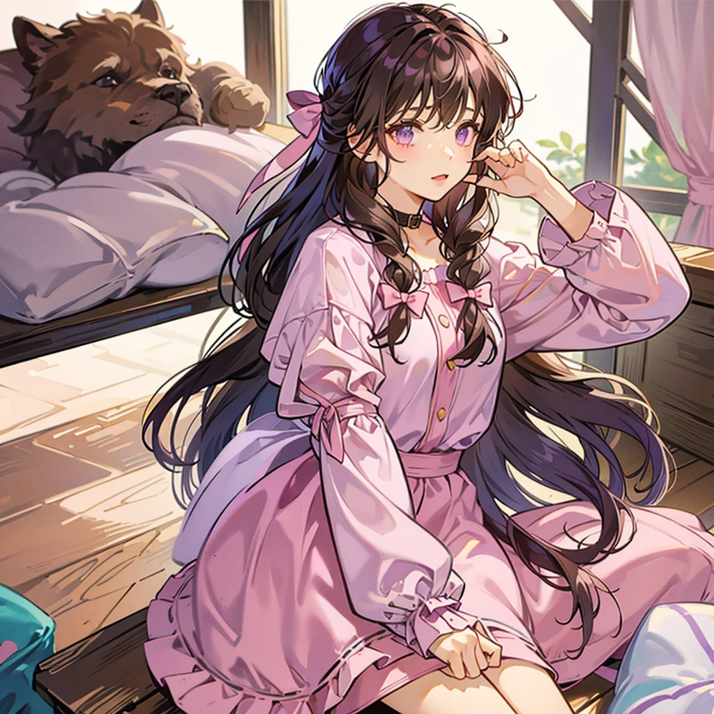 A Girl with long brown hair tied at the back with pink and purple ribbons, wearing a pink shirt with a collar and long sleeves. Wearing loose shorts She is cute