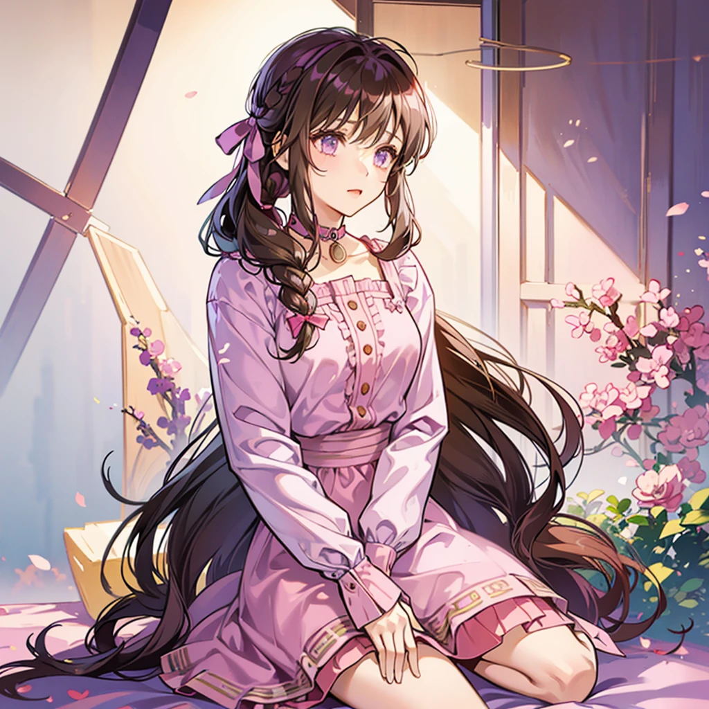 A Girl with long brown hair tied at the back with pink and purple ribbons, wearing a pink shirt with a collar and long sleeves. Wearing loose shorts She is cute
