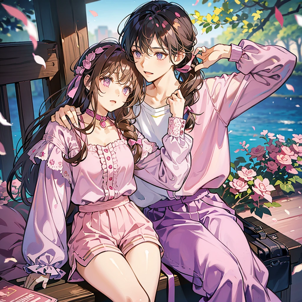A Girl with long brown hair tied at the back with pink and purple ribbons, wearing a pink shirt with a collar and long sleeves. Wearing loose shorts She is cute
