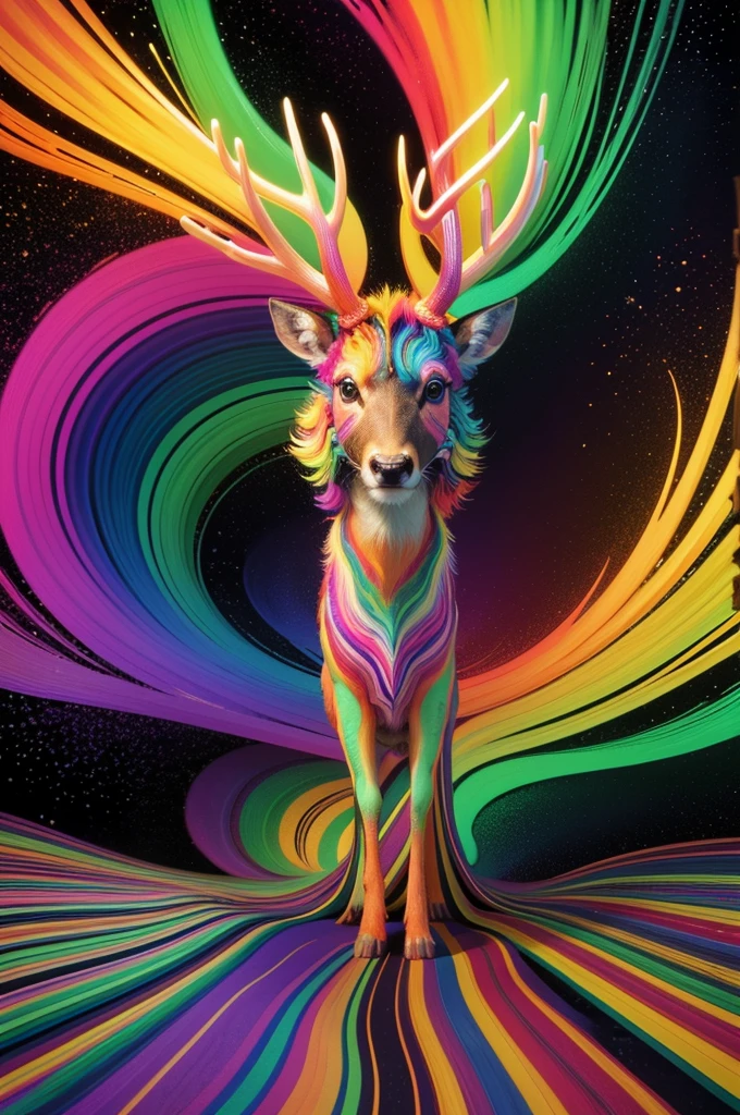 (Psychedelic paintings，A deer standing in front of a colorful swirl), ((Multiple antlers, stag, Big Head)), Vibrant colors, Thick Line, wave, Multi-layer, prospect, view, Fractal Thunder by Dan Mumford , Dan Mumford and Alex Gray style, Psychedelic surrealist art, Surreal psychedelic design, dream art style, illusion Psychedelic Art, infinite psychedelic wave, Inspired by Cyril Rolando Rolando), Realistic corrugated structure, Psychedelic Art style, Psychedelic Art, Psychedelic illustration--V6