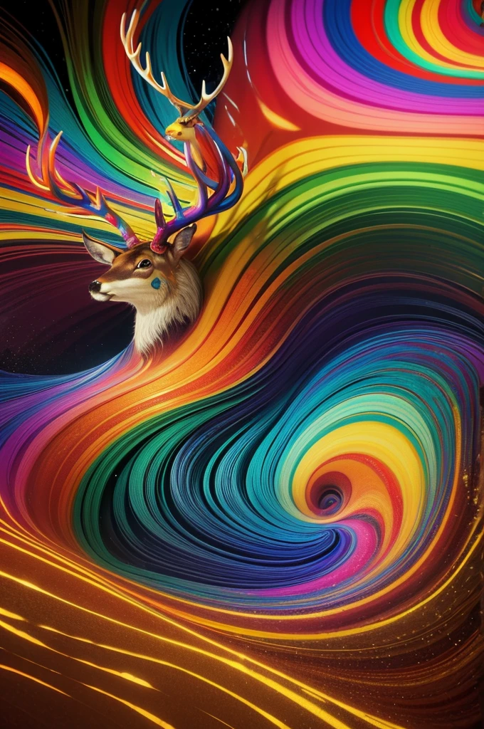 (Psychedelic paintings,A deer standing in front of a colorful swirl), ((Multiple antlers, stag, Big Head)), Vibrant colors, Thick Line, wave, Multi-layer, prospect, view, Fractal Thunder by Dan Mumford , Dan Mumford and Alex Gray style, Psychedelic surrealist art, Surreal psychedelic design, dream art style, illusion Psychedelic Art, infinite psychedelic wave, Inspired by Cyril Rolando Rolando), Realistic corrugated structure, Psychedelic Art style, Psychedelic Art, Psychedelic illustration--V6