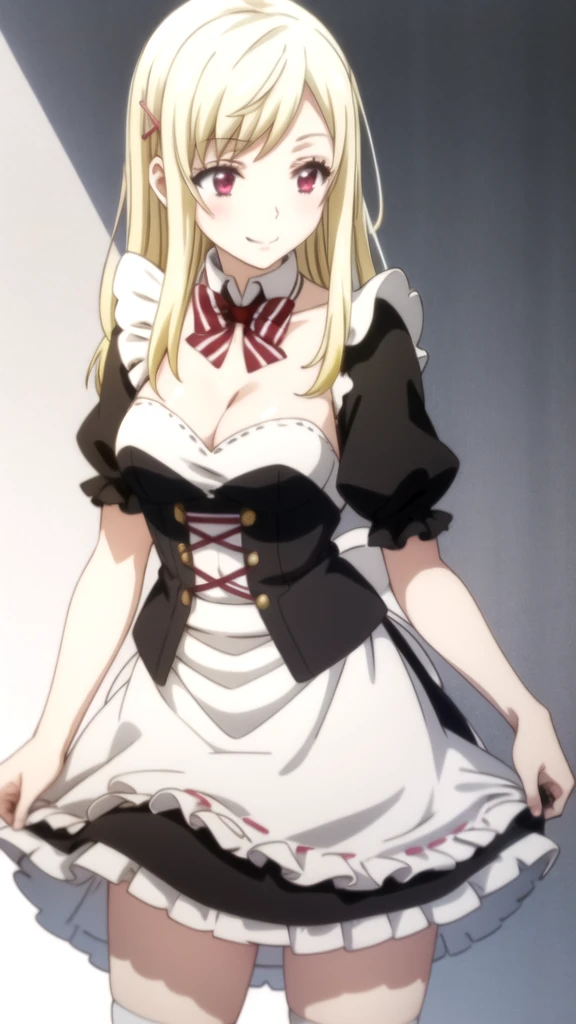, (forehead), (sexy girl with sexy appearance and sexy pose dressed as a maid), (White background) yamada_yellow, 1chica , by rubio, alone, wide, hair ornament, , smile, bow, red eyes my dress darling anime, beautiful seductress anime
