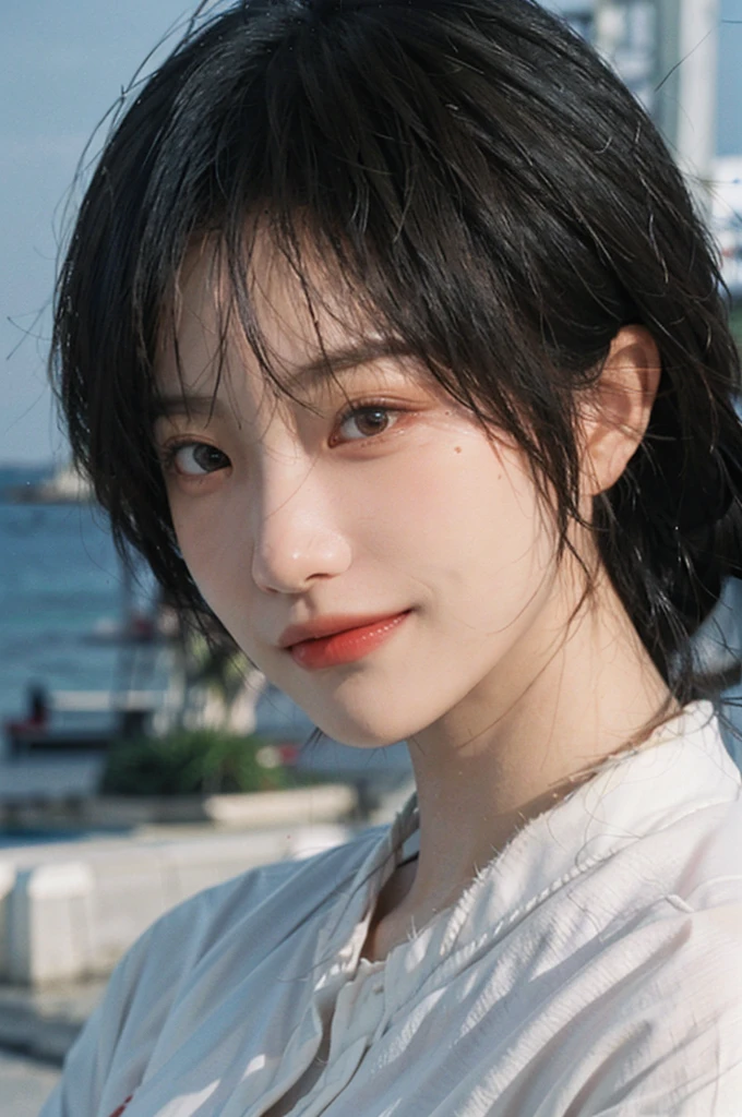 1 girl,short hair,Smile,serene, calm,White shirt,Moles under the eyes,Exquisite eyes, Delicate face,Lipstick,earrings,Hair details, (Large Breasts:1.0),outdoor,Seaside background,seaside,(Skin details:1.4),(Realistic and detailed eyes:1.2), Natural skin texture, Realistic facial details,Close-up of face,Portrait Photography,(Portrait Photography:1.1), (smooth skin textures:1.3), (Highest quality real skin textures:1.4), Direct vision,Soft dramatic lighting, Vivid details, 35 mm film, (Photo Practical:1.4), (hyper Practical:1.4), (Practical:1.3), (Smoother lighting:1.05), (Improve lighting quality:0.9), (Enhance the beauty of skin texture:1.1), Depth of Field, Bokeh, Surrealism, Ray Tracing, ( Surrealism, High Detail, Chiaroscuro, Ray Tracing, reflected light, Ultra HD, Ultra HD, masterpiece, Textured Skin, Super Detail, High Detail, high quality, best quality