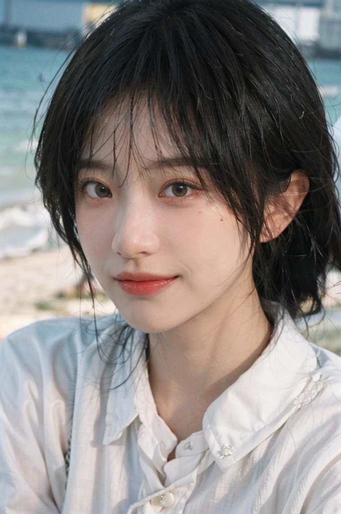 1 girl，short hair,Smile,serene, calm,White shirt，Moles under the eyes,Exquisite eyes, Delicate face,Lipstick,earrings,Hair details, (Large Breasts:1.0),outdoor,Seaside background，seaside，(Skin details:1.4),(Realistic and detailed eyes：1.2）, Natural skin texture, Realistic facial details,Close-up of face,Portrait Photography,(Portrait Photography:1.1), (smooth skin textures:1.3), (Highest quality real skin textures:1.4), Direct vision,Soft dramatic lighting, Vivid details, 35 mm film, (Photo Practical:1.4), (hyper Practical:1.4), (Practical:1.3), (Smoother lighting:1.05), (Improve lighting quality:0.9), (Enhance the beauty of skin texture:1.1), Depth of Field, Bokeh, Surrealism, Ray Tracing, ( Surrealism, High Detail, Chiaroscuro, Ray Tracing, reflected light, Ultra HD, Ultra HD, masterpiece, Textured Skin, Super Detail, High Detail, high quality, best quality