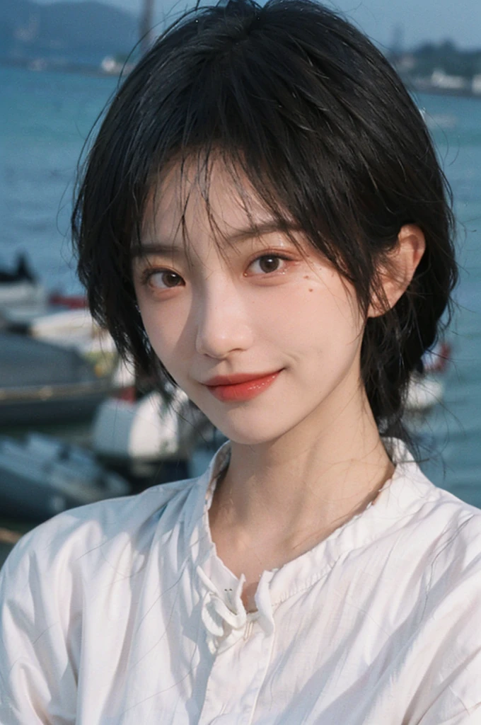 1 girl,short hair,Smile,serene, calm,White shirt,Moles under the eyes,Exquisite eyes, Delicate face,Lipstick,earrings,Hair details, (Large Breasts:1.0),outdoor,Seaside background,seaside,(Skin details:1.4),(Realistic and detailed eyes:1.2), Natural skin texture, Realistic facial details,Close-up of face,Portrait Photography,(Portrait Photography:1.1), (smooth skin textures:1.3), (Highest quality real skin textures:1.4), Direct vision,Soft dramatic lighting, Vivid details, 35 mm film, (Photo Practical:1.4), (hyper Practical:1.4), (Practical:1.3), (Smoother lighting:1.05), (Improve lighting quality:0.9), (Enhance the beauty of skin texture:1.1), Depth of Field, Bokeh, Surrealism, Ray Tracing, ( Surrealism, High Detail, Chiaroscuro, Ray Tracing, reflected light, Ultra HD, Ultra HD, masterpiece, Textured Skin, Super Detail, High Detail, high quality, best quality