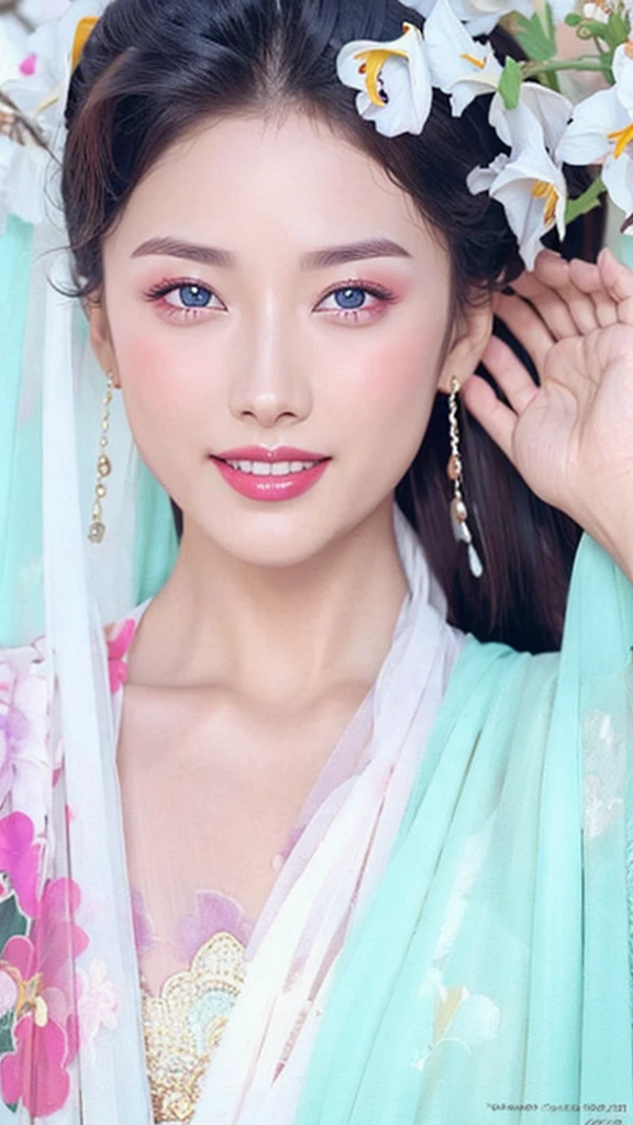 Fashion model 25 years old [[[[close up]]]], [[[[neck]]]], [[[[Shoulder]]]], Perfect eyes, Perfect iris，Perfect lips，Perfect Teeth，Perfect skin，White skin，Soft headlight，High-density imaging review，（Face is clear and delicate），((Smile))，best quality，masterpiece，（Soft colors：1.2）