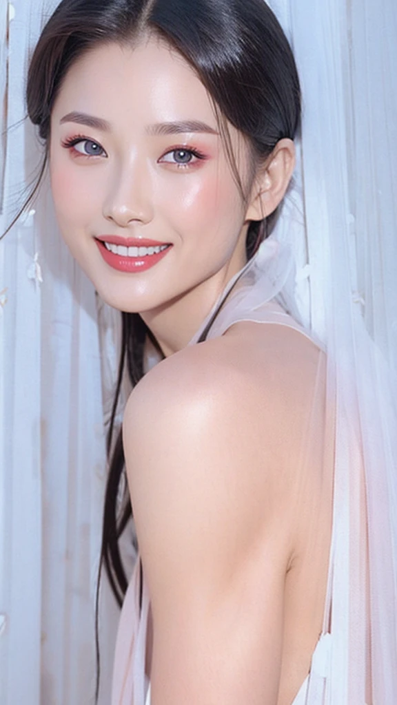 Fashion model 25 years old [[[[close up]]]], [[[[neck]]]], [[[[Shoulder]]]], Perfect eyes, Perfect iris，Perfect lips，Perfect Teeth，Perfect skin，White skin，Soft headlight，High-density imaging review，（Face is clear and delicate），((Smile))，best quality，masterpiece，（Soft colors：1.2）