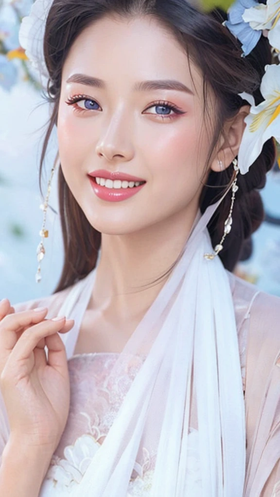 Fashion model 25 years old [[[[close up]]]], [[[[neck]]]], [[[[Shoulder]]]], Perfect eyes, Perfect iris，Perfect lips，Perfect Teeth，Perfect skin，White skin，Soft headlight，High-density imaging review，（Face is clear and delicate），((Smile))，best quality，masterpiece，（Soft colors：1.2）