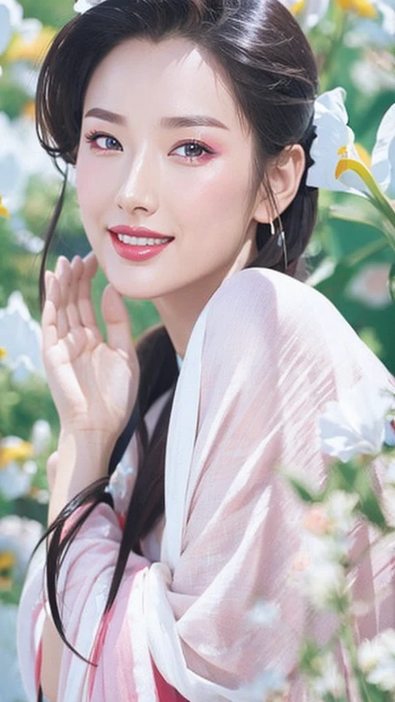 Fashion model 25 years old [[[[close up]]]], [[[[neck]]]], [[[[Shoulder]]]], Perfect eyes, Perfect iris，Perfect lips，Perfect Teeth，Perfect skin，White skin，Soft headlight，High-density imaging review，（Face is clear and delicate），((Smile))，best quality，masterpiece，（Soft colors：1.2）