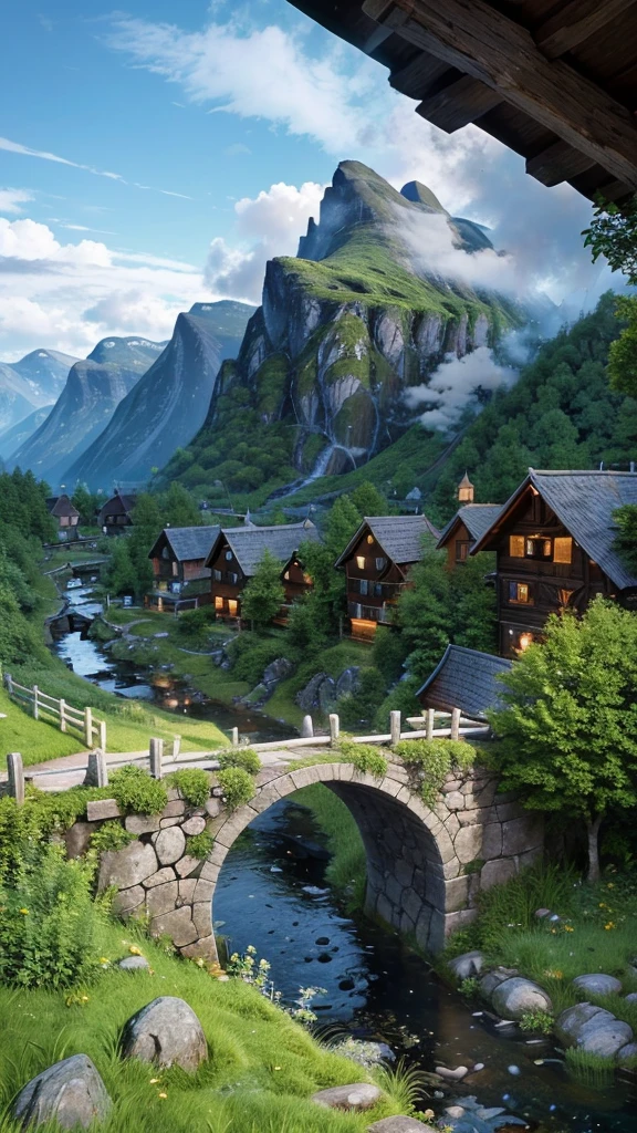 small mountain village One in Norway,After the rain,stone bridge,running water,smoke,cloud,green,visible in the distance,8K,Really suitable,healing landscape,extra clear,High resolution,Willow,