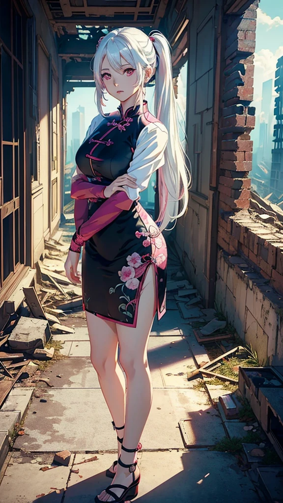((masterpiece, best quality)), ((anime girl in the ruins, vibrant coloring)) (1girl, mature), (solo, half body), (female focus, mature girl), (white hair, twintail hair),pink eyes, detailed eye, ((qipao clothing)), portraits, dramatic lighting