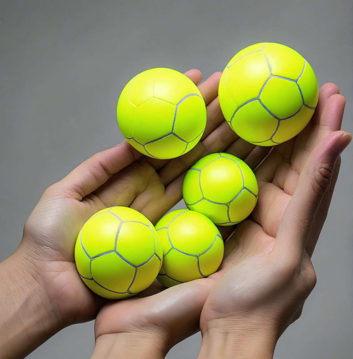 Original photograph of 3 neon yellow colored handballs