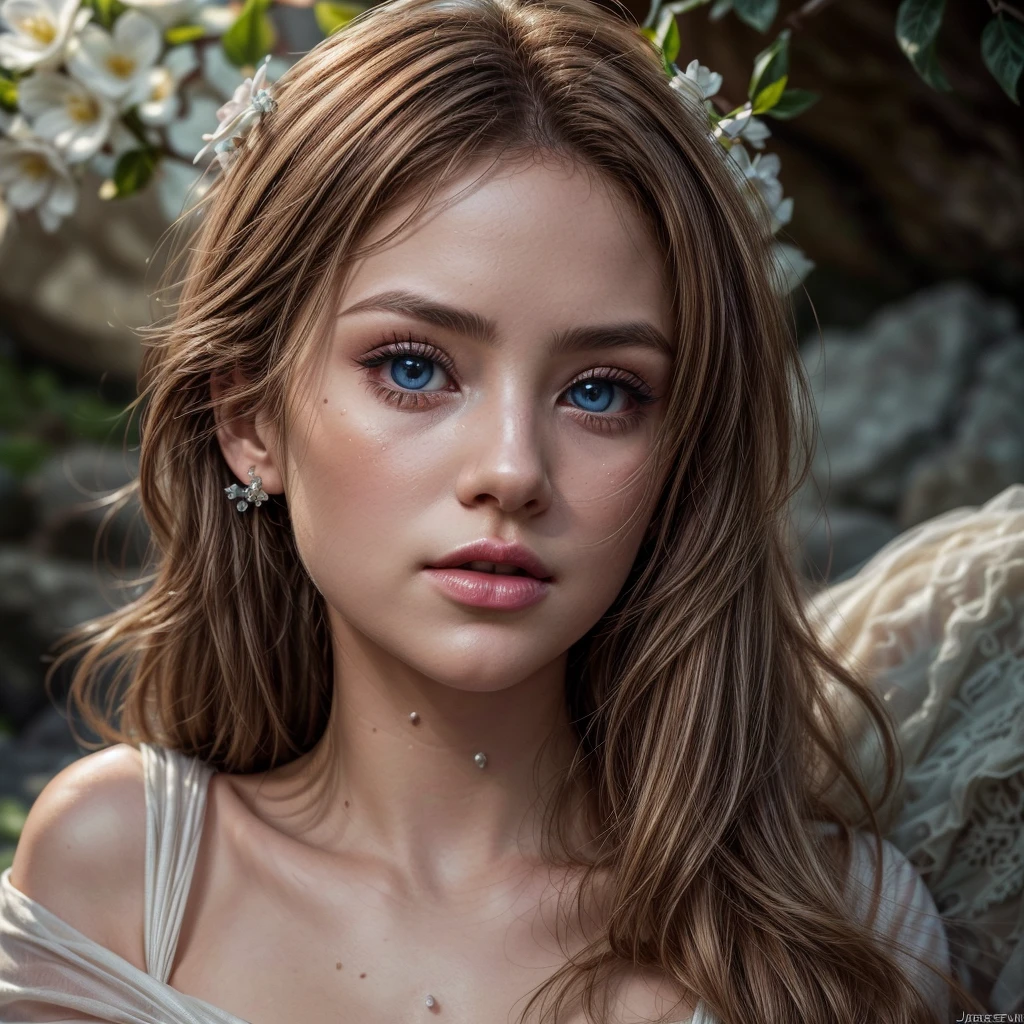 (raw photo, Best Quality), (realist, Photo realist: 1:3, Best Quality, Very detailed, masterpiece, Hyperdetail, illustration, 1 girl, caucasian, dynamic angle, World masterpiece, disordered_hair, Best Quality, CG Unity 8k wallpaper, caucasian perfect body, full shot photography, Woman 25 years old, amazon, , White skin, pink skin, WITHOUT IMPERFECTIONS, smooth skin, (perfect), ojos Very detaileds, (Intricate), big and bright eyes, (ice blue eyes), perfect eyes eyes, (build ), Carry (pure gold lingerie), as part of herself, Her body is adorned with jewels that make her look like a goddess.,(build), In the background you can see the jungle and a semi-futuristic lost city, (build), cara perfect, innocent face, beautiful, perfect body, hourglass body, sensual body, medium tits, natural, perfects, big and shapely hips, thick and firm thighs, mesomorphic body, some tattoos, short and brown hair, crespo, It is a full shot capture, ((full shot photo))
