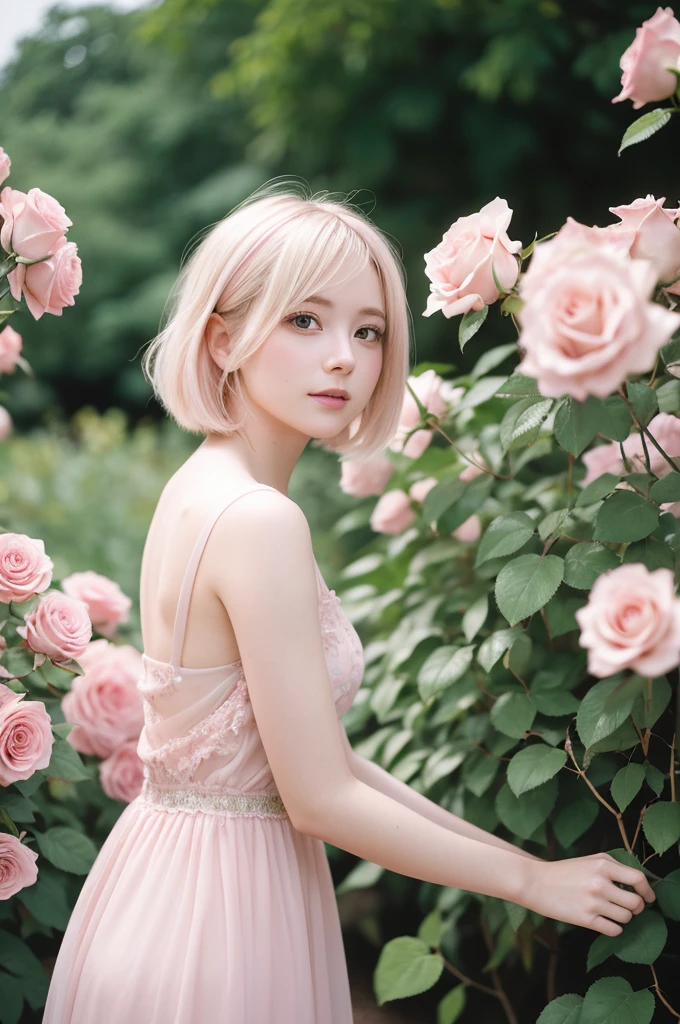 8K, RAW Photos, Fujifilm, Avril-like style photo of a beautiful young woman in a garden of pale pink roses (Highly detailed skin: 1.2) Style Petal Break Short Hair, Blonde and colored hair, Wearing a dress, Film Granulation, 35mm, Cute Style