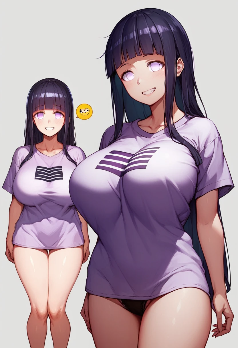 score_9, score_8_up, score_7_up, score_6_up, score_5_up, score_4_up, BREAK, flushed_emoji_shirt, 1girl, multiple views, thighs, t-shirt, ((large breasts)), simple background, grin, ((oversized breasts)), (hinata, hyuuga hinata, purple eyes, blunt bangs, black hair, white eyes, no pupils)