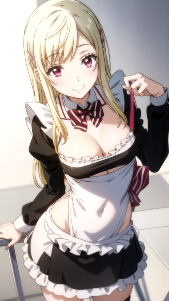 , (forehead), (sexy girl with sexy appearance and sexy pose dressed as a maid), (White background) yamada_yellow, 1chica , by rubio, alone, wide, hair ornament, , smile, bow, red eyes my dress darling anime, beautiful seductress anime 