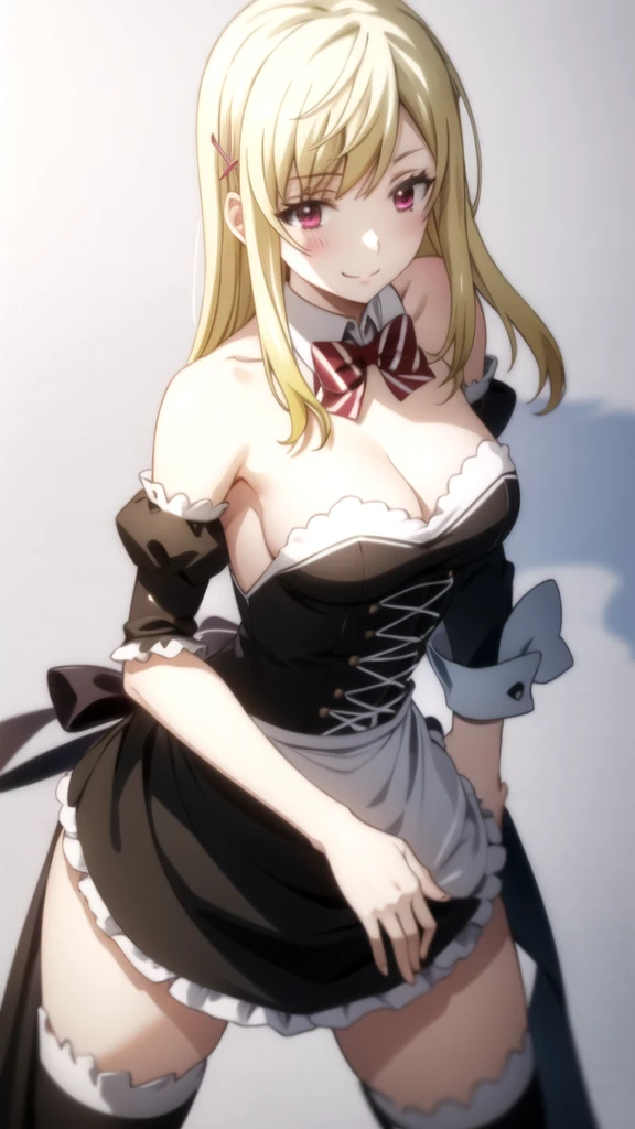 , (forehead), (sexy girl with sexy appearance and sexy pose dressed as a maid), (White background) yamada_yellow, 1chica , by rubio, alone, wide, hair ornament, , smile, bow, red eyes my dress darling anime, beautiful seductress anime 