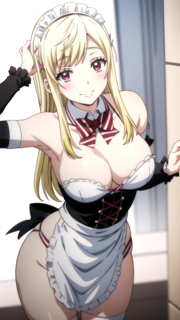 , (forehead), (sexy girl with sexy appearance and sexy pose dressed as a maid), (White background) yamada_yellow, 1chica , by rubio, alone, wide, hair ornament, , smile, bow, red eyes my dress darling anime, beautiful seductress anime