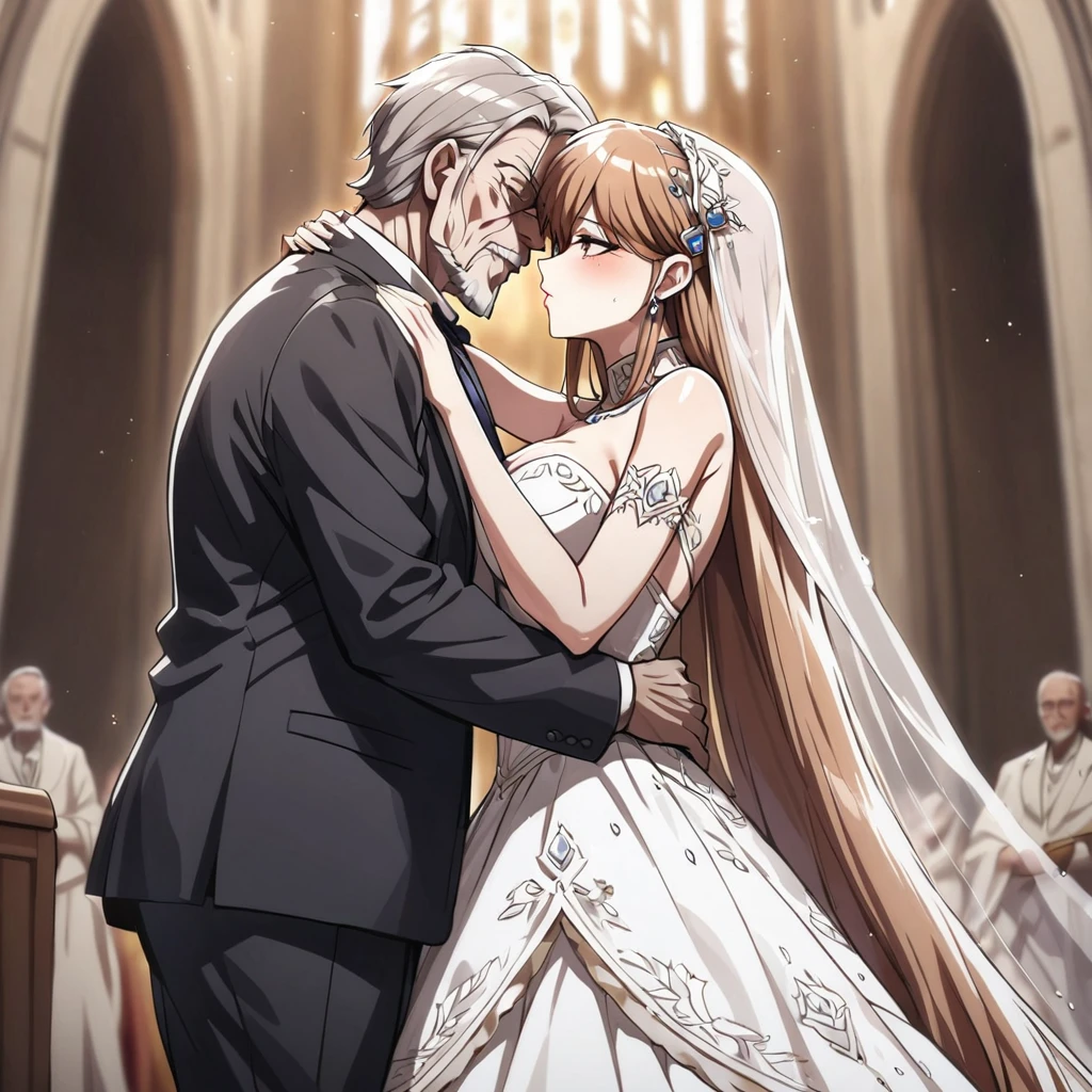 ((Highest quality)), ((masterpiece)), (detailed), （Perfect Face）、The woman is Princess Leona, a strong, dignified, and powerful old man who is a villain, and they embrace each other, kissing as they get married. She has medium-long light brown hair, and is wearing a gorgeous, glittering, and jeweled wedding dress and wedding veil. They are holding hands and kissing as they get married in a gorgeous church with the strong, dignified, and powerful old man who is a villain, the general.、The woman has medium-long hair, is brainwashed, has no expression, and has no highlights in her eyes.