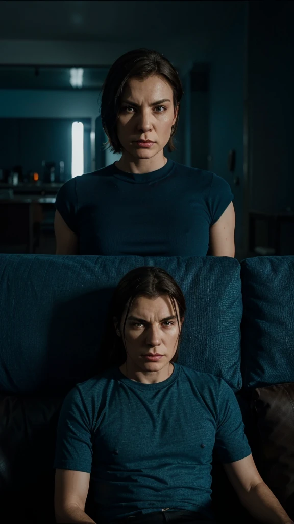 headshot of angry Alex parents sitting on a couch, 4k realistic imagery, blue scenery like a movie scene, old american setting, inspired by blade runner movie scene, blue tone,
