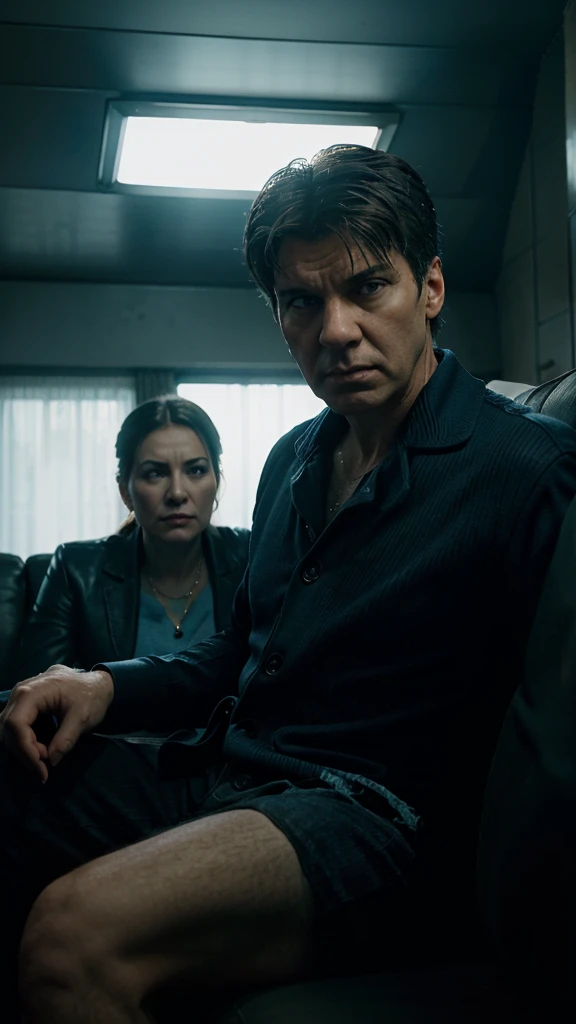 headshot of angry Alex parents sitting on a couch, 4k realistic imagery, blue scenery like a movie scene, old american setting, inspired by blade runner movie scene, blue tone,
