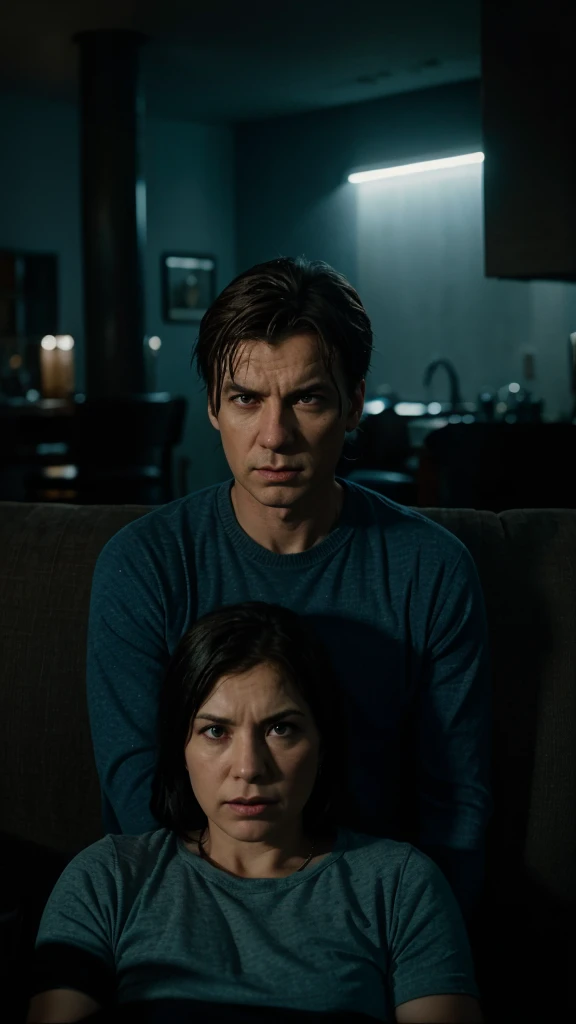 headshot of angry Alex parents sitting on a couch, 4k realistic imagery, blue scenery like a movie scene, old american setting, inspired by blade runner movie scene, blue tone,