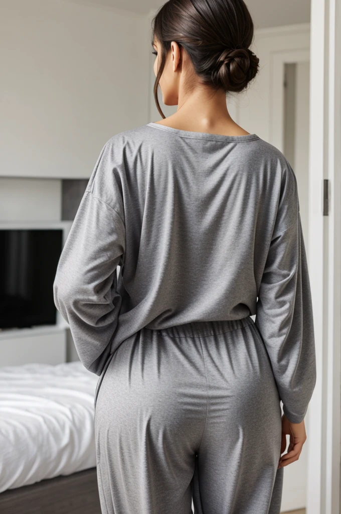 Woman back view big but wearing grey pajamas