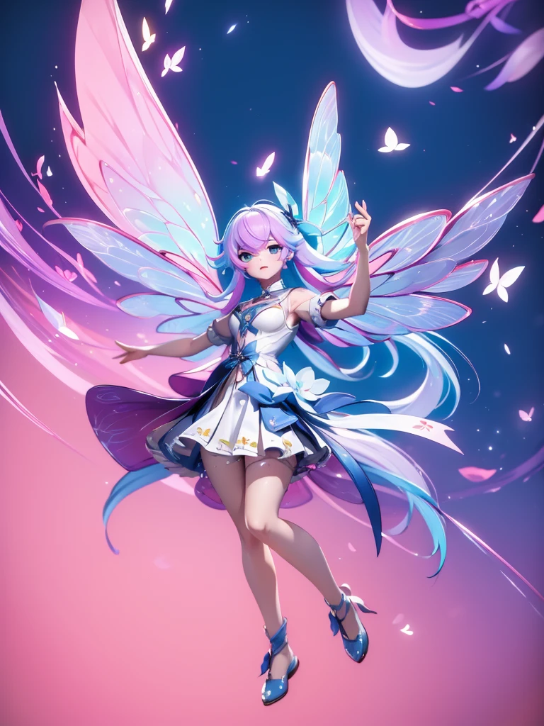 Seizo Watase style, Simple Line Initialism,Abstract art, 3d character, colorful hearts ,(((The most beautiful girl of all time))), (full body 1.2), only girl, long hair, bufferfly and sky background, 20 year old, full body, (((8k))), (((3d)), blue and pink hair, Large butterfly wings on the back, yellow moon