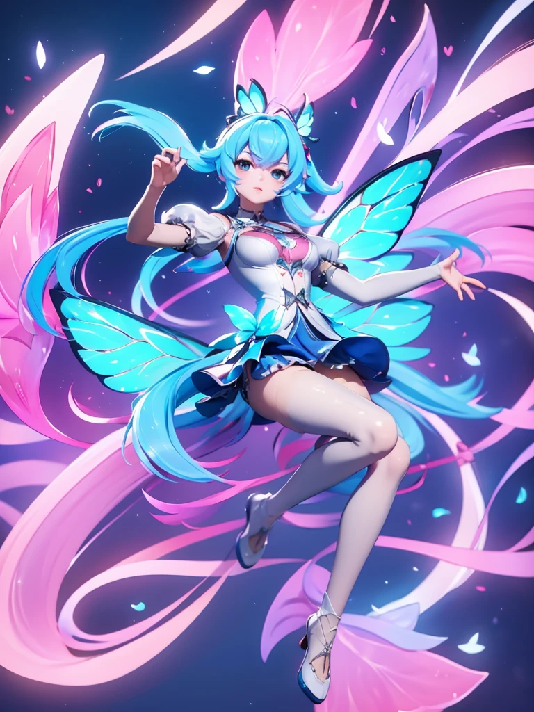 Seizo Watase style, Simple Line Initialism,Abstract art, 3d character, colorful hearts ,(((The most beautiful girl of all time))), (full body 1.2), only girl, long hair, bufferfly and sky background, 20 year old, full body, (((8k))), (((3d)), blue and pink hair, Large butterfly wings on the back, yellow moon
