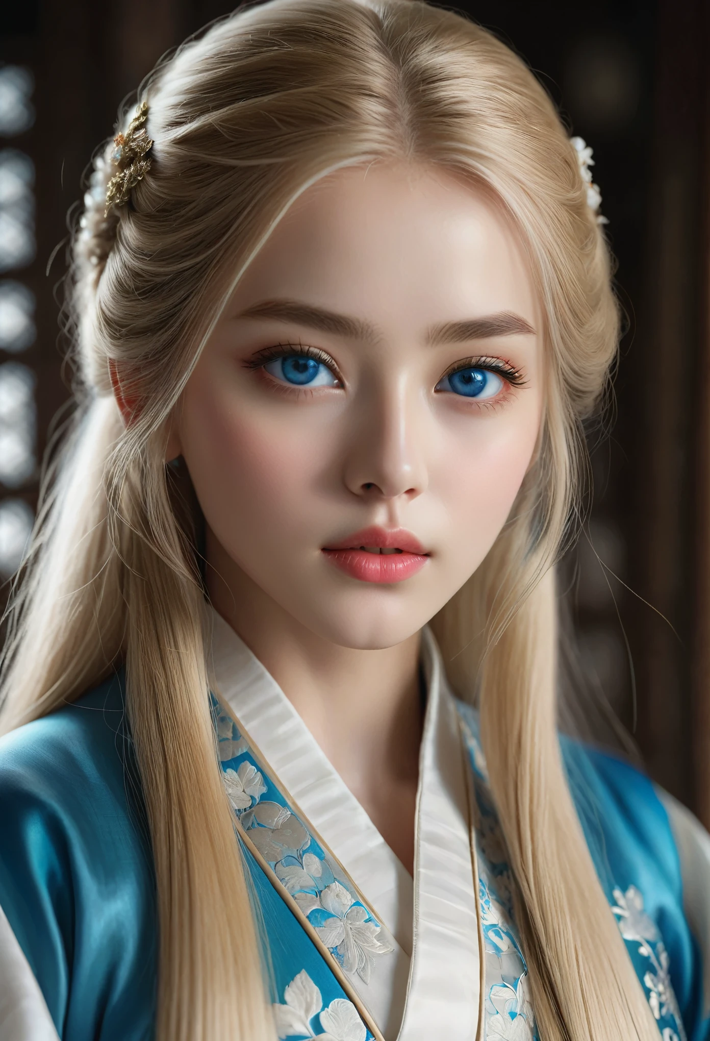 (masterpiece), 1girl, beautiful detailed eyes, beautiful detailed lips, extremely detailed eyes and face, long blonde hair, blue eyes, adorable, hanfu, photorealistic, 8k, high quality, intricate, elegant, mystical, ethereal, dramatic lighting, cinematic, fantasy