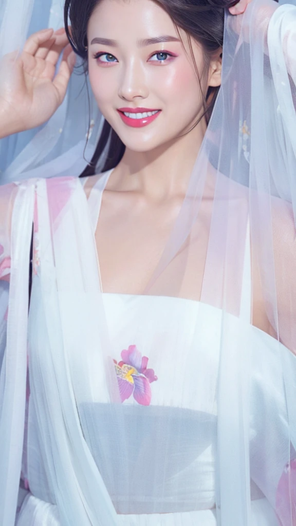 Fashion model 25 years old [[[[close up]]]], [[[[neck]]]], [[[[Shoulder]]]], Perfect eyes, Perfect iris，Perfect lips，Perfect Teeth，Perfect skin，White skin，Soft headlight，High-density imaging review，（Face is clear and delicate），((Smile))，best quality，masterpiece，（Soft colors：1.2）