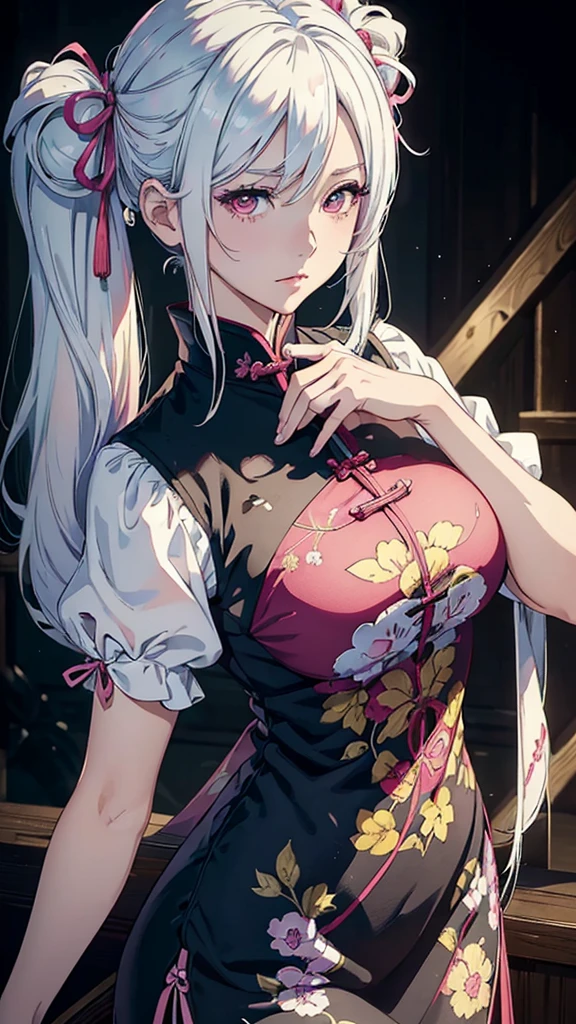 ((masterpiece, best quality)), ((anime girl in the hamlet, vibrant coloring)) (1girl, mature), (solo, half body, closeup), (female focus, mature girl), (white hair, twintail hair),pink eyes, detailed eye, ((qipao clothing)), portraits, dramatic lighting