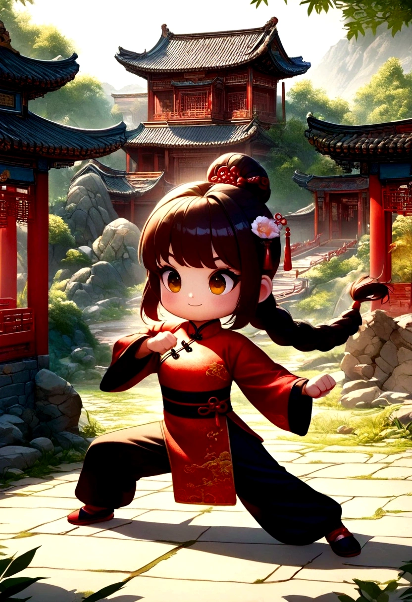 Vector martial arts illustration,quality\(8K,非常に精細なCGユニットのwallpaper, masterpiece,High resolution,top-quality,top-quality real texture skin,Surreal,Increase the resolution,RAW Photos,最高quality,Very detailed,wallpaper,Cinema Lighting,Ray-tracing,Golden Ratio\), break ,alone,1 Female\(cute,cute,Small child,smile,Hair is floating,Long braids,Eye color is dark red,Big eyes,Beautiful cheongsam,chest,Combat Stance\(kung-fu style\),Dynamic Angle,Long Shot,whole body,Stamping Ground,avert your eyes,Little\),background\(outside,Chinese monasteries\),Long Shot