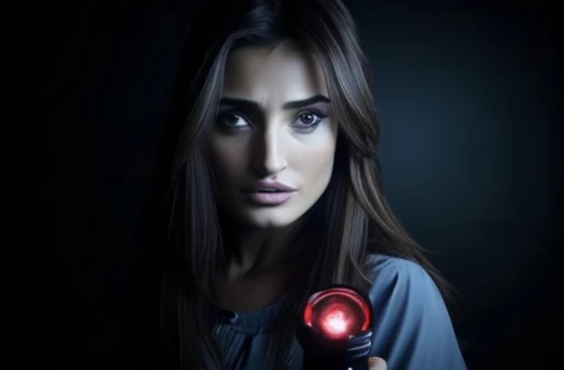 Kizi (( face of Penélope Cruz)) with flashlight in hand 