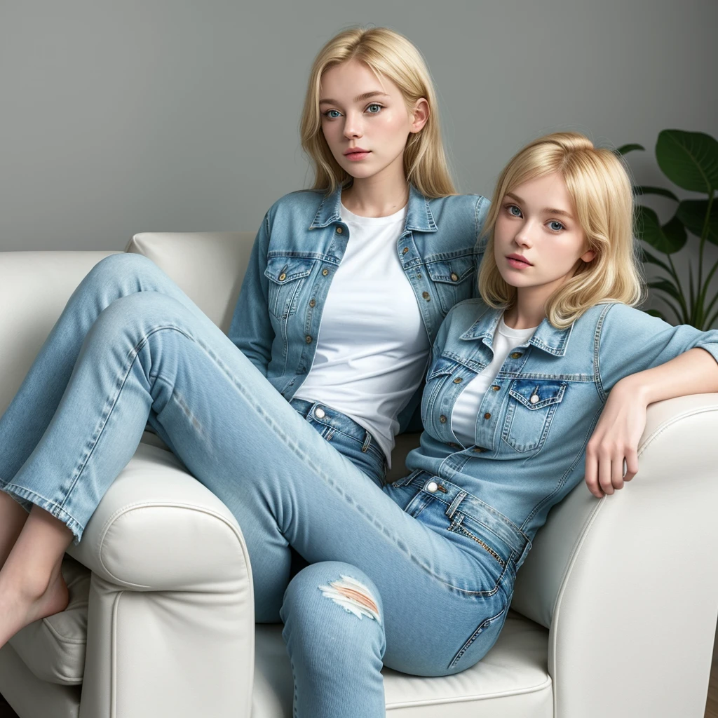 1womanl, alone, blonde, Linda, fully body, sitting on the white sofa, denim clothing