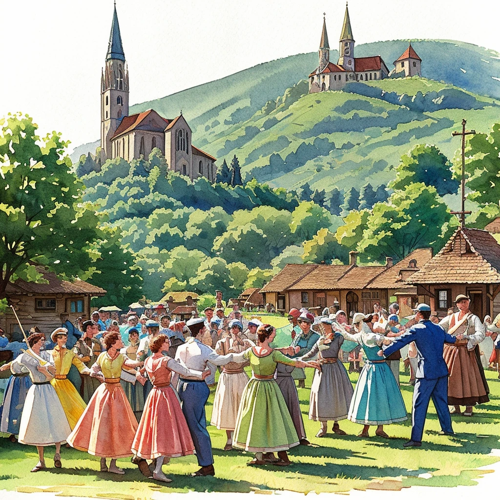watercolor drawing in Retro-Look, rural saxones village in Transilvania with fortificated church of bazna, man and woman dance, full body shot, in the style of classic Americana, white background, Andrew Loomis style, Masterpiece work of art,