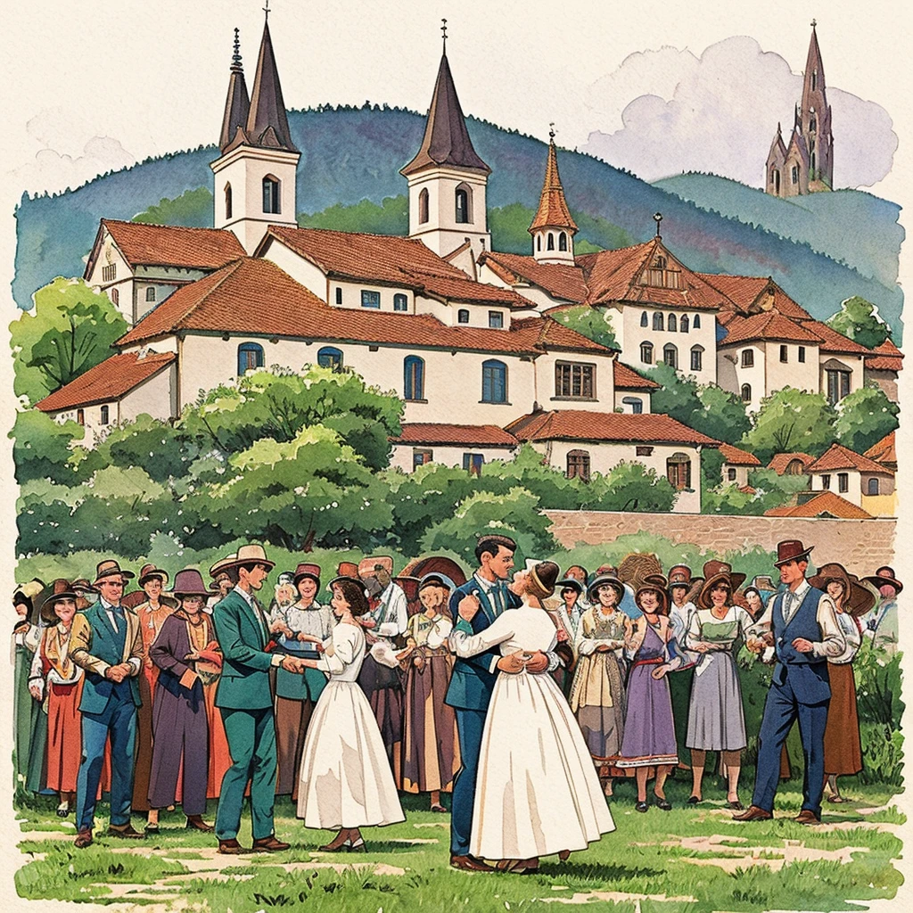 watercolor drawing in Retro-Look, rural saxones village in Transilvania with fortificated church of bazna, man and woman dance, full body shot, in the style of classic Americana, white background, Andrew Loomis style, Masterpiece work of art,