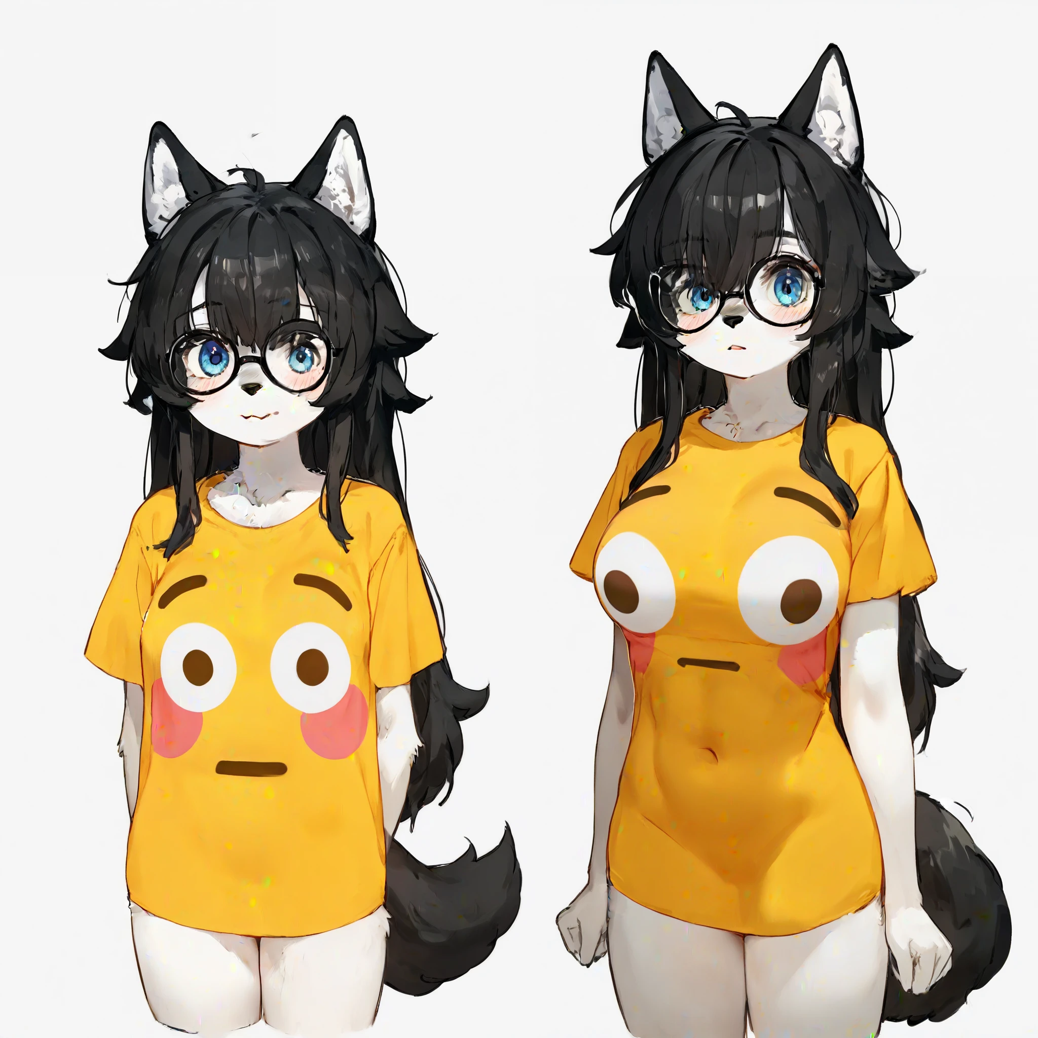 score_9,score_8_up,score_7_up, (a young nerdy Anthro furry wolf woman, wolf snout, white furry body, tall, long black messy hair, black hair, hair in a pony tail, hair covering one eye, white wolf tail, black glasses, blue eyes, white wolf ears, white wolf tail, small breasts,  BREAK,  flushed_emoji_shirt, 1girl, multiple views, thighs, t-shirt, ((medium breasts)),  simple background, 