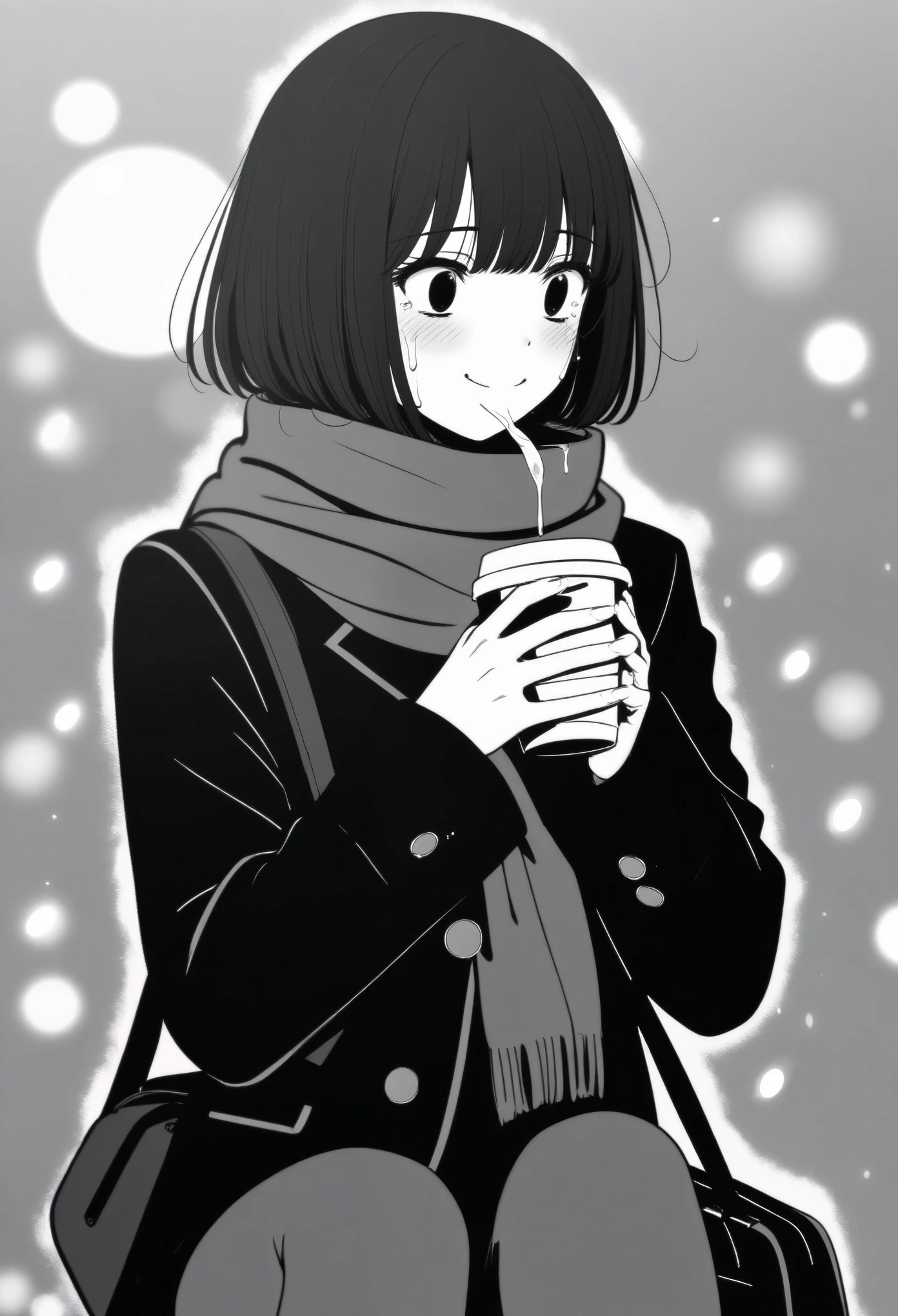 masterpiece, best quality, 1girl, mamerakkkkko, grayscale, manga style, japanese, chi no wadachi, black eyes, street, iced, black hair, schoolbag, smile, lineart, black coat, black scarf, black pleated skirt, leggins, centered, 18 years old, tall, fair skinned, bokeh background, crying, tears, tears streaming, bob cut, light particles, centered, snowing, (((drinking coffee, perfect hand, detailed hand:1.1)), emotional anime scene
