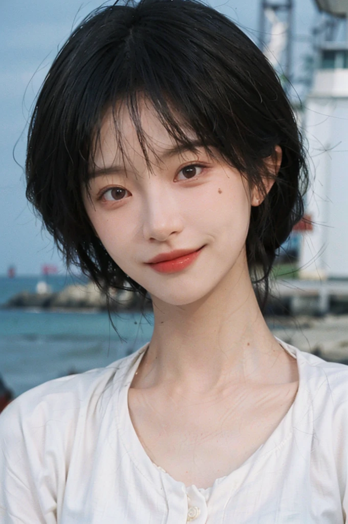 1 girl，short hair,Smile,serene, calm,White shirt，Moles under the eyes,Exquisite eyes, Delicate face,Lipstick,earrings,Hair details, (Large Breasts:1.0),outdoor,Seaside background，seaside，(Skin details:1.4),(Realistic and detailed eyes：1.2）, Natural skin texture, Realistic facial details,Close-up of face,Portrait Photography,(Portrait Photography:1.1), (smooth skin textures:1.3), (Highest quality real skin textures:1.4), Direct vision,Soft dramatic lighting, Vivid details, 35 mm film, (Photo Practical:1.4), (hyper Practical:1.4), (Practical:1.3), (Smoother lighting:1.05), (Improve lighting quality:0.9), (Enhance the beauty of skin texture:1.1), Depth of Field, Bokeh, Surrealism, Ray Tracing, ( Surrealism, High Detail, Chiaroscuro, Ray Tracing, reflected light, Ultra HD, Ultra HD, masterpiece, Textured Skin, Super Detail, High Detail, high quality, best quality