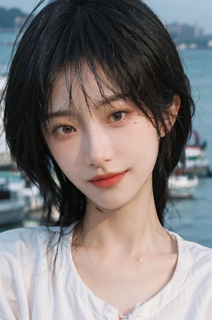 1 girl,short hair,Smile,serene, calm,White shirt,Moles under the eyes,Exquisite eyes, Delicate face,Lipstick,earrings,Hair details, (Large Breasts:1.0),outdoor,Seaside background,seaside,(Skin details:1.4),(Realistic and detailed eyes:1.2), Natural skin texture, Realistic facial details,Close-up of face,Portrait Photography,(Portrait Photography:1.1), (smooth skin textures:1.3), (Highest quality real skin textures:1.4), Direct vision,Soft dramatic lighting, Vivid details, 35 mm film, (Photo Practical:1.4), (hyper Practical:1.4), (Practical:1.3), (Smoother lighting:1.05), (Improve lighting quality:0.9), (Enhance the beauty of skin texture:1.1), Depth of Field, Bokeh, Surrealism, Ray Tracing, ( Surrealism, High Detail, Chiaroscuro, Ray Tracing, reflected light, Ultra HD, Ultra HD, masterpiece, Textured Skin, Super Detail, High Detail, high quality, best quality